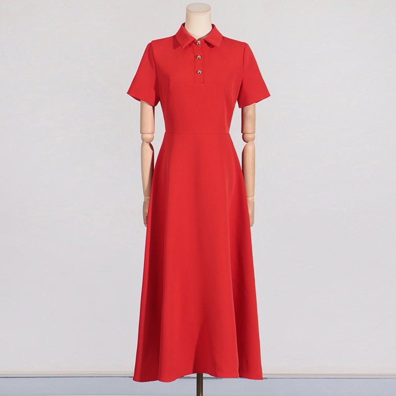 Vestido elegante de estilo francés con temperamento, diseño de solapa simple, cintura ajustada, vestido de manga corta para mujer