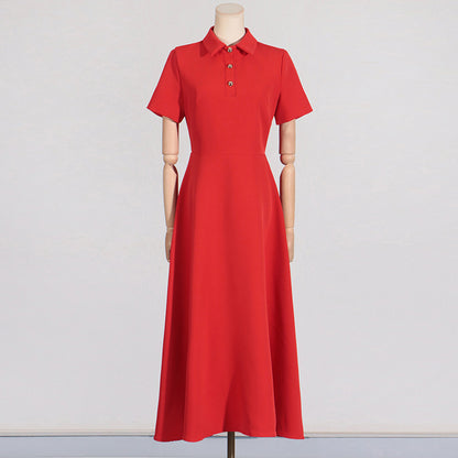 Robe élégante de style français, design à revers simple, coupe à la taille, robe à manches courtes pour femme