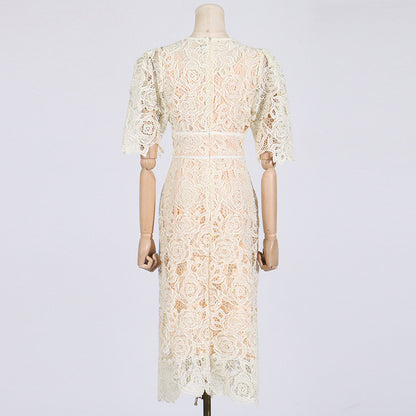 French Elegant Dress Women's New Lace Embroidered Short Sleeve Slim-fit High-end Socialite Dress