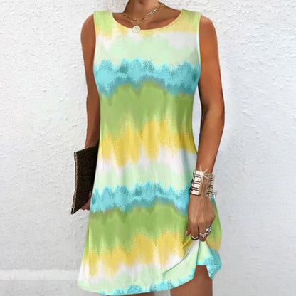 Simple Style Round Neck Edge Printed Gradient Sleeveless Zipper Pullover Vest Dress