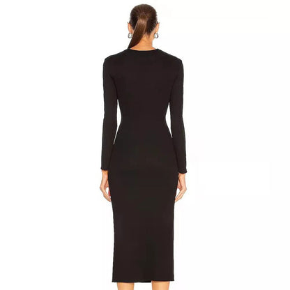 Long Sleeve Iron Hoop Pierced Black Bandage Long Dress