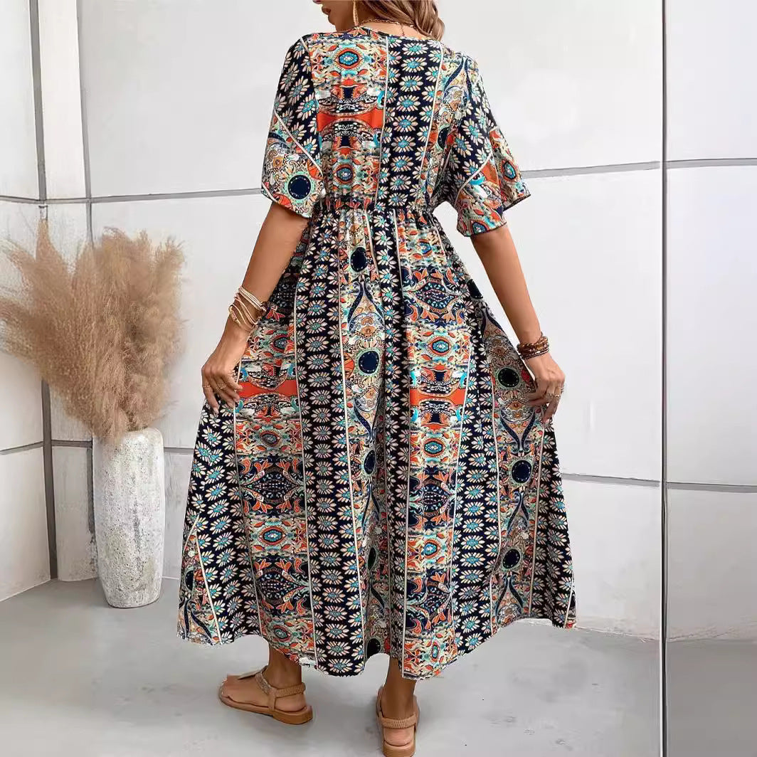 Fashion Full Printing Batwing Sleeve V-neck Dress