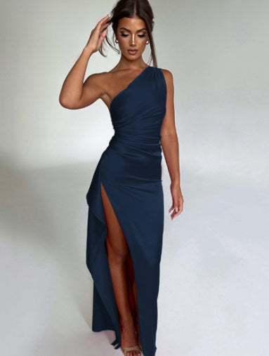 Robe fendue en Satin pour femmes, asymétrique épaule dénudée, dos nu, Sexy, élégante, coupe cintrée, couleur unie, été