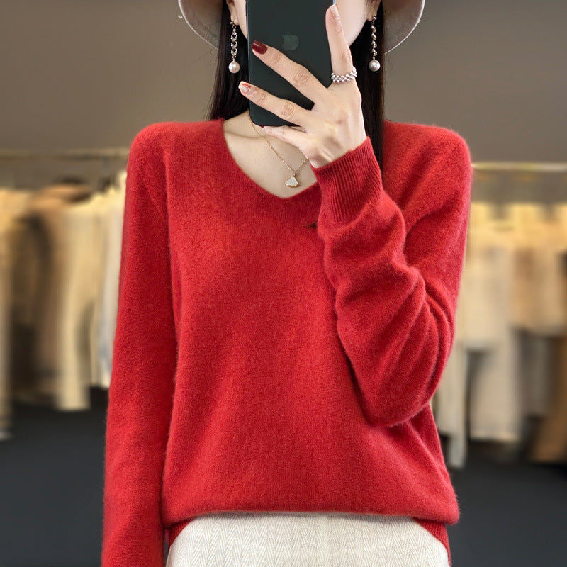 Women's Wool Sweater V-neck Autumn And Winter New Solid Color Loose-fitting Versatile Wool Loose Bottoming Shirt