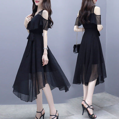 Short Sleeve Irregular Black Slim-fit Midi Dress