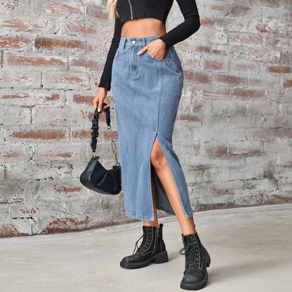 Women's Summer Washed Denim Elastic Waist Denim Skirt