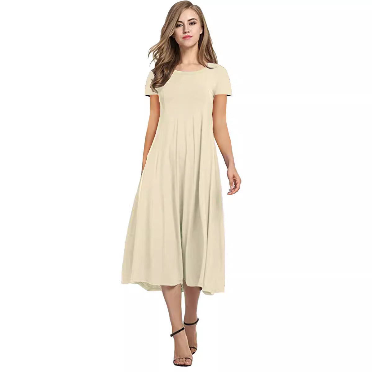 Round Neck Shirt With Half Sleeve Solid Color Wide Hem Dress