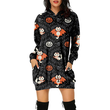 Halloween Theme Women's Pullover Hooded Sweater Dress