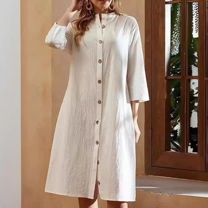 Stand-up Collar 34 Sleeve Shirt Button Casual Dress