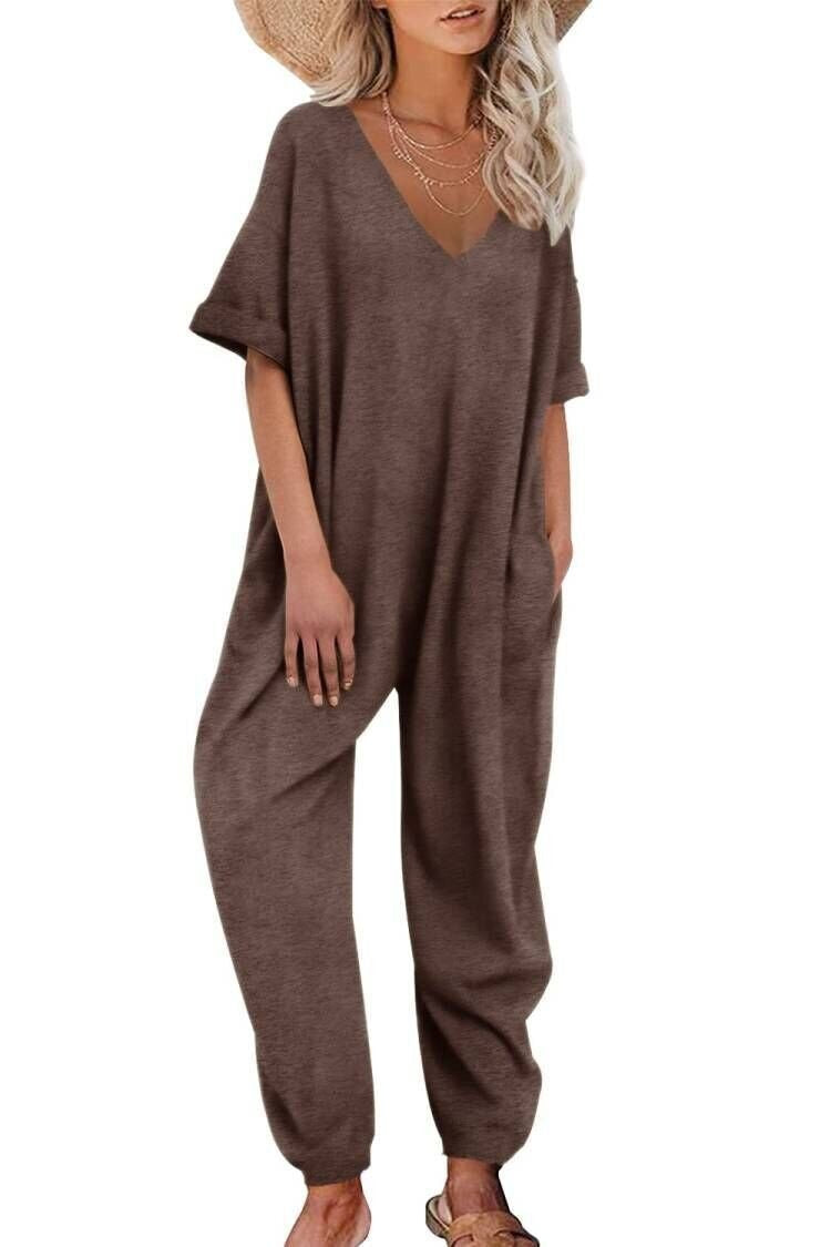 Solid Color V-neck Jumpsuit Half Sleeve Ankle-tied Loose