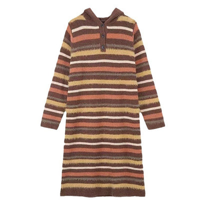 Contrast Color Stripes Straight Knit Temperament Soft Glutinous Idle Style Retro Dress