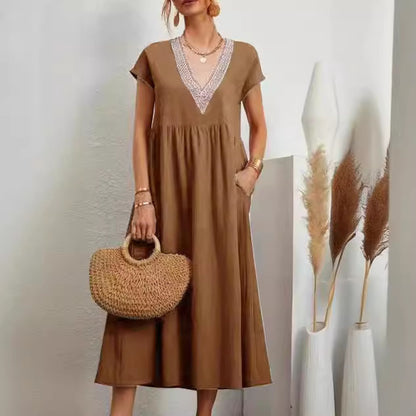 European And American Solid Color Lace V-neck Sleeveless Loose Cotton And Linen Pocket Dress