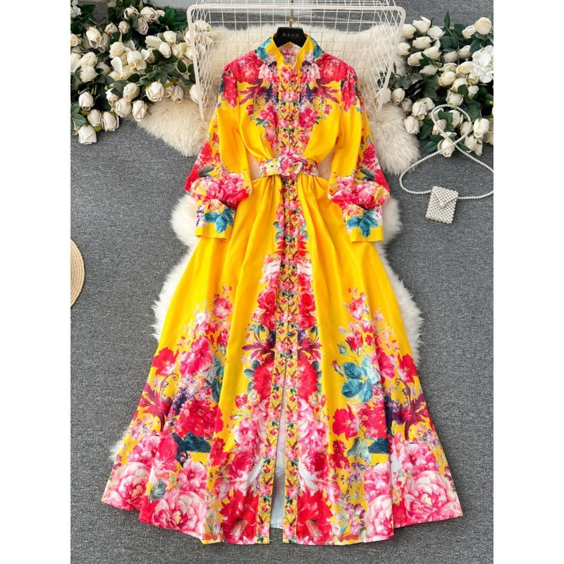 Women's Spring And Autumn New High-grade Stand Collar Lantern Long Sleeve Waist-tight Printed Dress