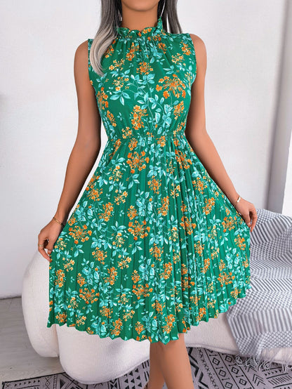 Spring And Summer Wooden Ear Flowers Cinched Pleated Dress