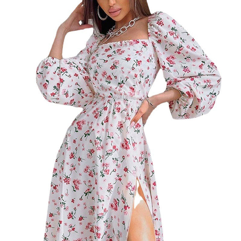 Elegant Printed Lantern Sleeve Split Dress Women