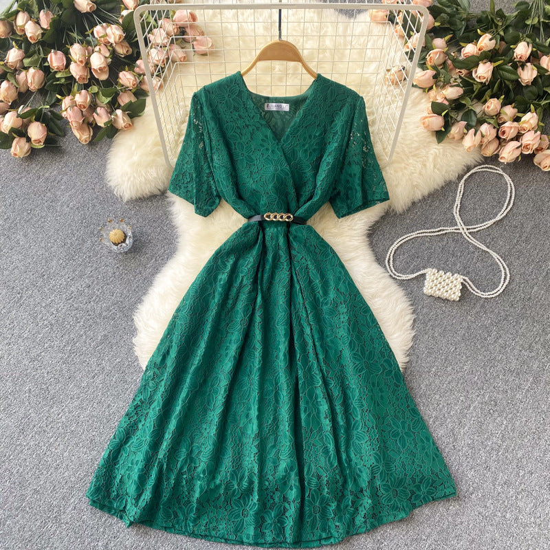 Irregular V-neck Lace-up Waist-controlled Slimming Loose Swing Dress