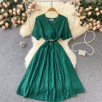 Irregular V-neck Lace-up Waist-controlled Slimming Loose Swing Dress