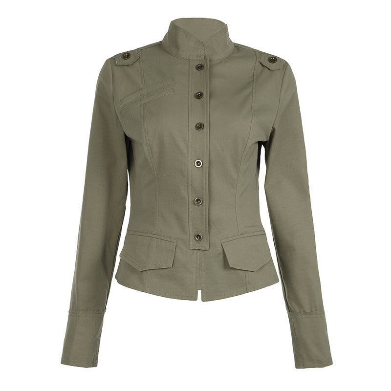 Chaqueta de moda resistente con bolsillo y cremallera y cuello alto para mujer