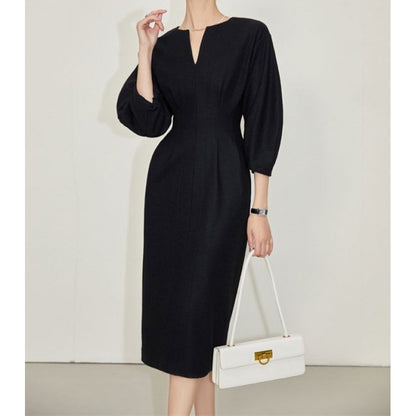 Robe noire à col en V pour femme de tempérament noir