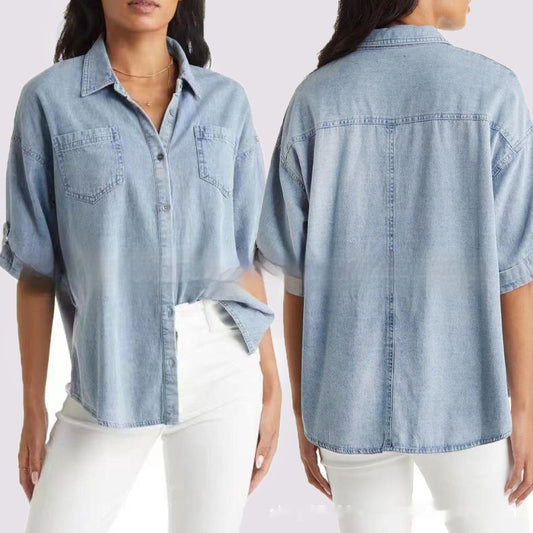 Camisa holgada de verano de manga corta estilo vaquero para mujer