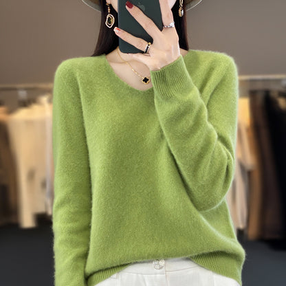 Women's Wool Sweater V-neck Autumn And Winter New Solid Color Loose-fitting Versatile Wool Loose Bottoming Shirt