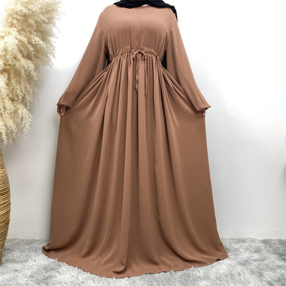 Muslim Simple Design Solid Color Stretch Sleeves, Front Zipper Elegant Swing Dress