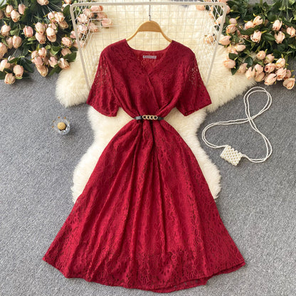 Irregular V-neck Lace-up Waist-controlled Slimming Loose Swing Dress