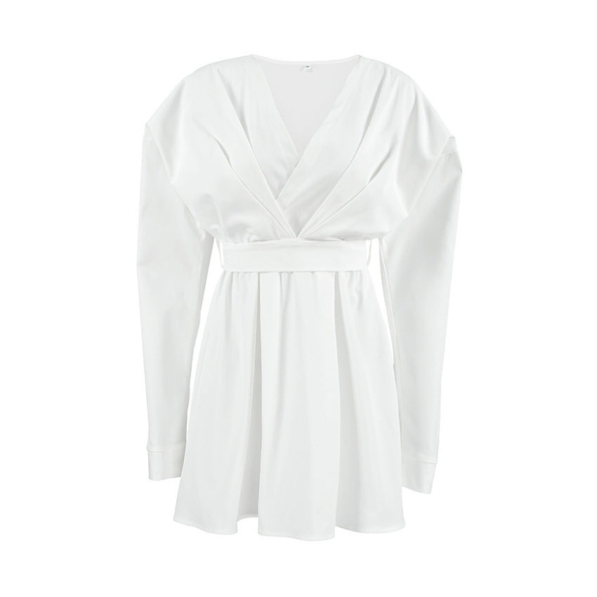 Robe blanche à manches bouffantes pour femme, col en V, coupe trapèze