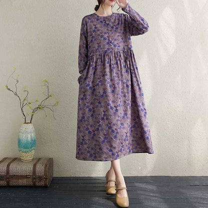 Hemp Cotton Printed Ethnic Style Round-neck Long-sleeved Dress