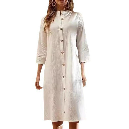 Stand-up Collar 34 Sleeve Shirt Button Casual Dress