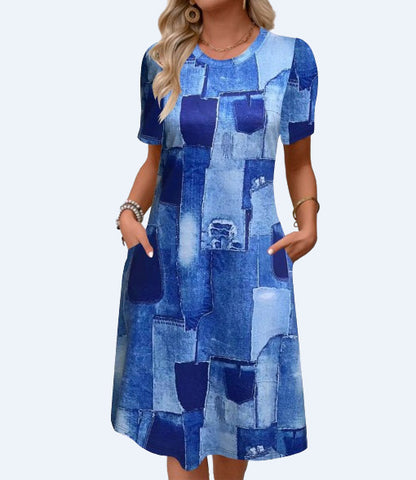 Printed Pocket Round Neck Short Sleeve Dress Women