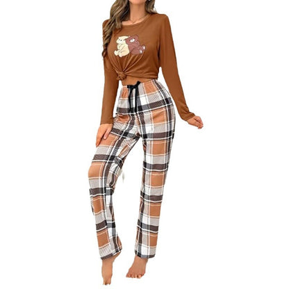 Home Wear Autumn And Winter Pajamas Suit Long Sleeve Printed Plaid Trousers Two-piece Set