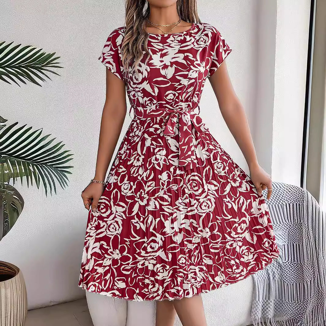 European And American Elegant Flower Short Sleeve Large Hem Pleated Dress