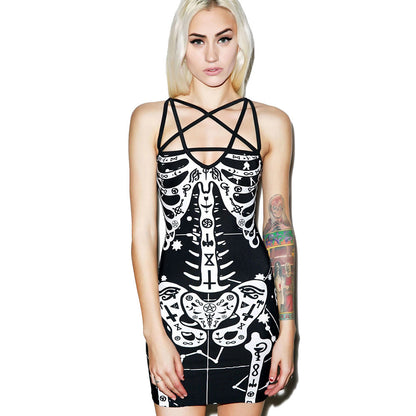 Nuevo vestido sexy con estampado de huesos y calaveras con tirantes cruzados