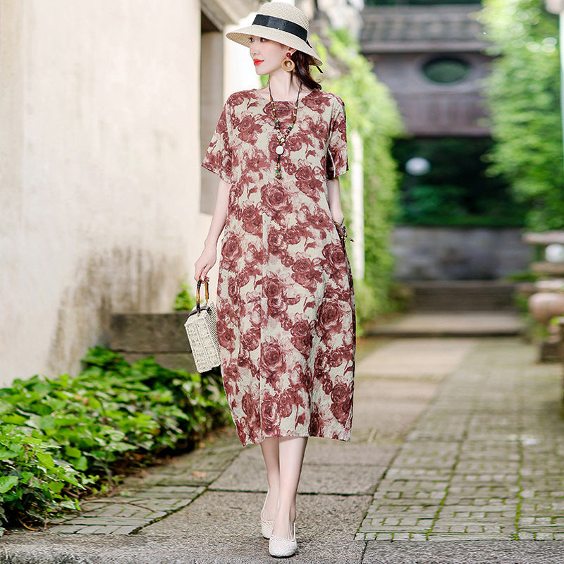 Vestido informal versátil de algodón y lino con estampado floral para mujer