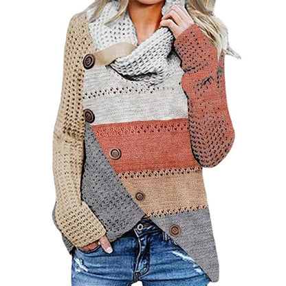 Autumn And Winter Women's Clothing Mixed Color Stripe Irregular Sweater Button Sweater