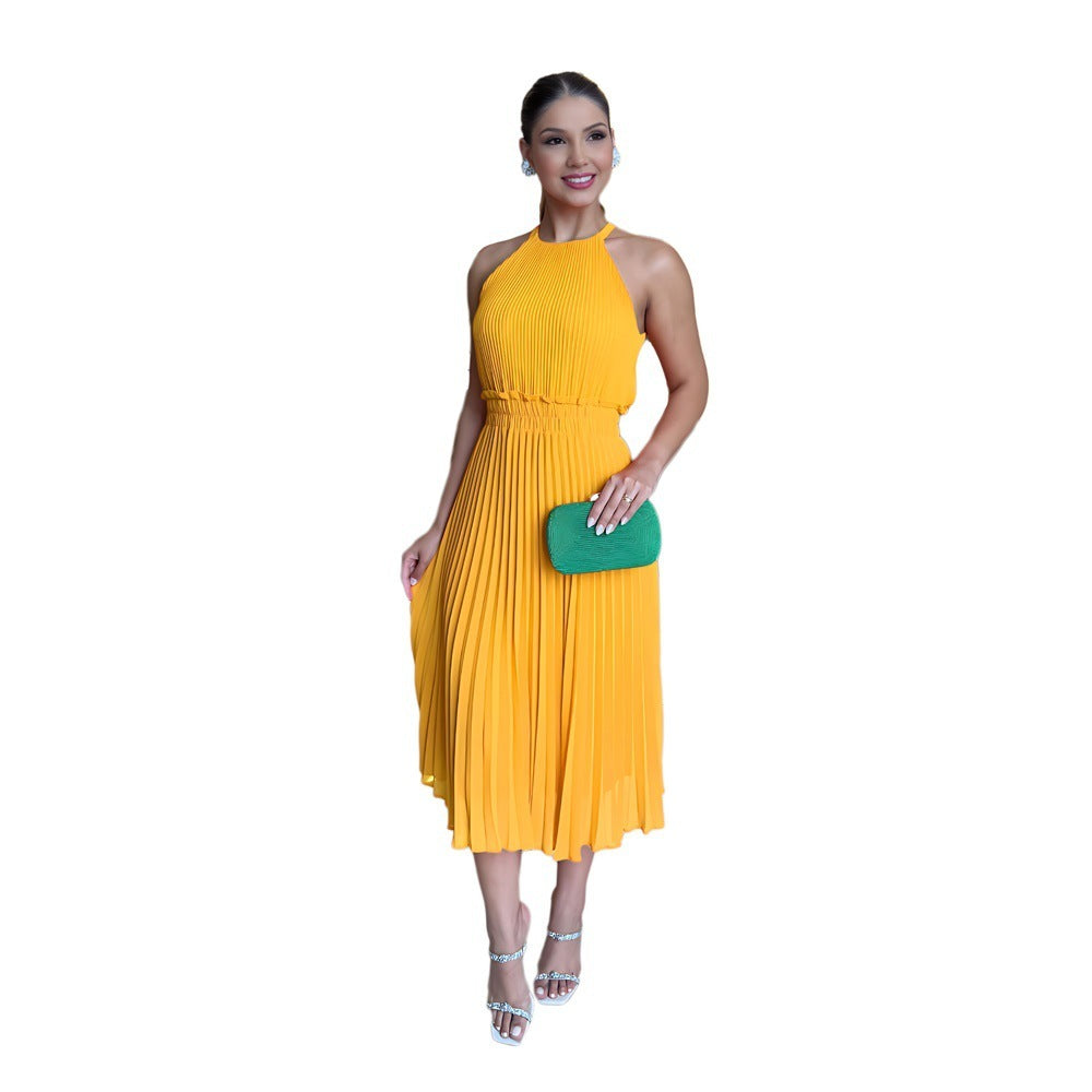 Solid Color Sleeveless Chiffon Elegant Lady Waist Dress