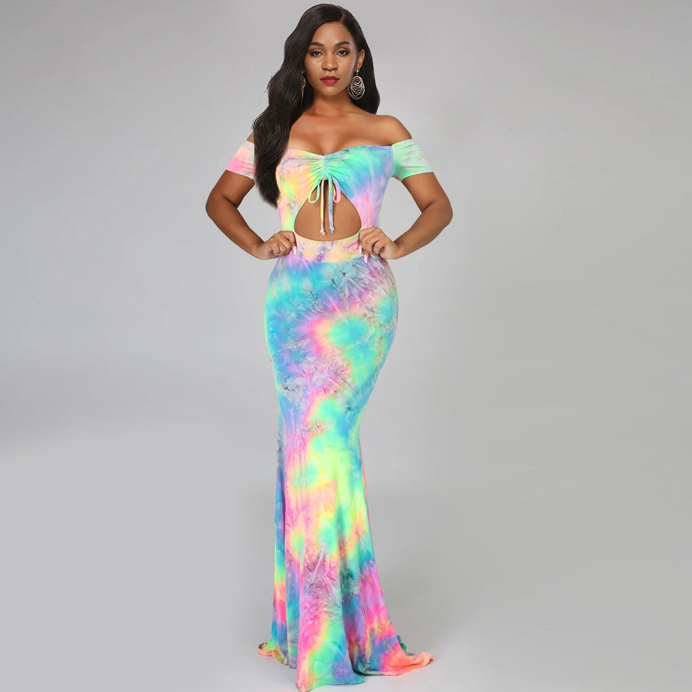 European And American Off-shoulder Navel Tie-dyed Dress