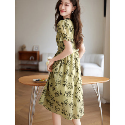 V-neck Patchwork All-match Texture Chiffon Flocking Dress