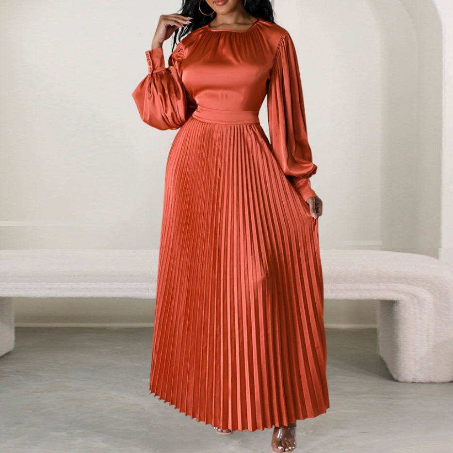 European And American Waist Loose Long Sleeve Pleated Dress