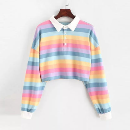 2020  Shirt Women Sweatshirt Long Sleeve Rainbow Color Ladies Hoodies With Button Striped Korean Style Sweatshirt Women