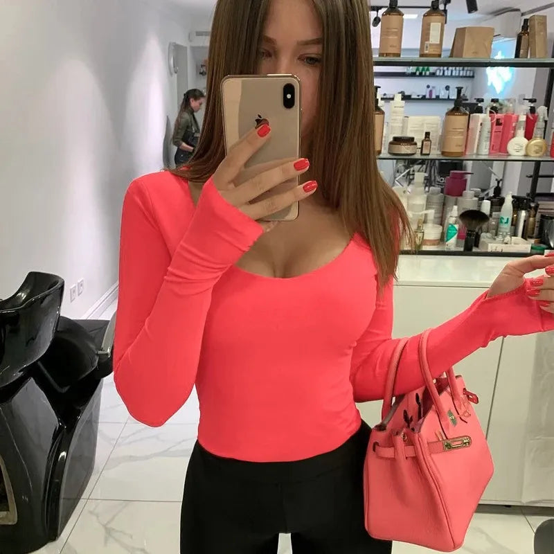 Orange Neon Bodysuit Women Long Sleeve Bodycon Sexy 2024 Autumn Winter Streetwear Club Party Outfits Casual Female Clothing