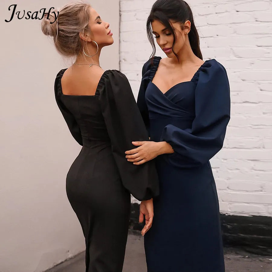 JusaHy élégant couleur Pure manches latérales robe moulante pour les femmes fête Clubwear robes mi-longues formelles Mujer décontracté Streetwear chaud