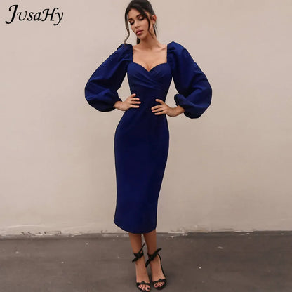 JusaHy Elegant Pure Color Latern Sleeves Bodycon Dress for Women Party Clubwear Formal Midi dresses Mujer Casual Streetwear Hot