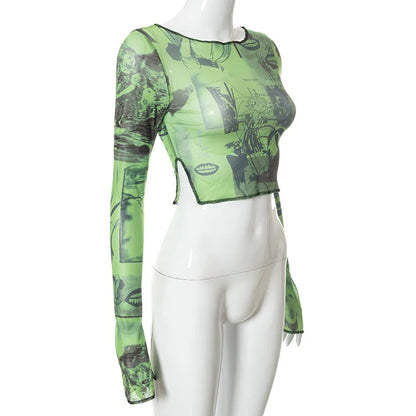 Top corto transparente sexi con estampado gráfico Vintage, camiseta transparente de malla verde, camiseta ajustada de manga larga acampanada, ropa para mujer