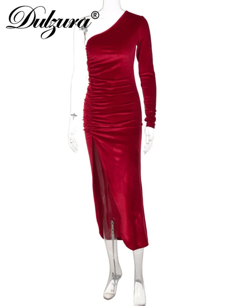 Dulzura Solid Long Sleeve One Shoulder Ruched Slit Velvet Midi Dress Bodycon Sexy Party Club Elegant Evening Christmas 2021 Fall