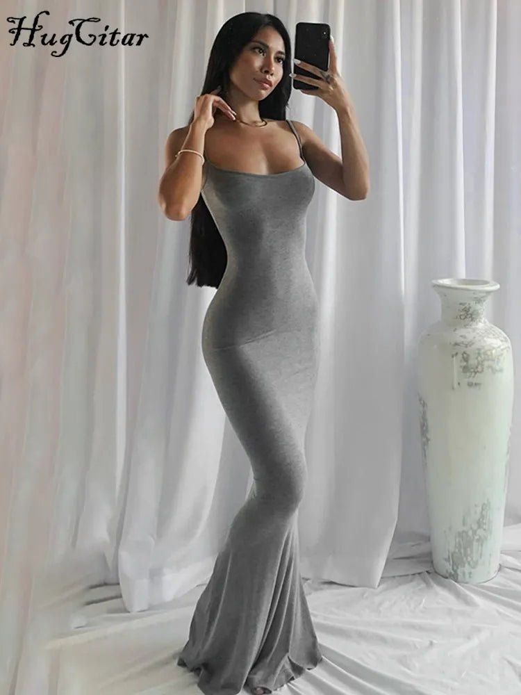 Hugcitar-Vestido largo de satén sin mangas y espalda descubierta para mujer, vestido Sexy ajustado con espalda descubierta para fiesta Y2K, ropa elegante y concisa 2022