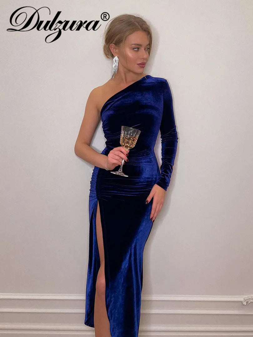 Dulzura Solid Long Sleeve One Shoulder Ruched Slit Velvet Midi Dress Bodycon Sexy Party Club Elegant Evening Christmas 2021 Fall