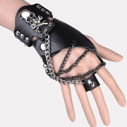 Moda hombres mujeres Hip-hop no convencionales guantes de medio dedo anillo de cadena cuero genuino punk remache guantes anillos R1593