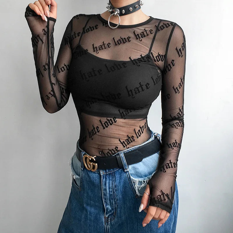 Camisetas sexis de malla para mujer, camiseta transparente con perspectiva, camisetas transparentes con letras impresas y cuello redondo, camisetas de manga larga para mujer